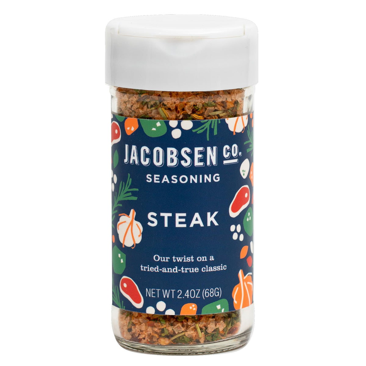 Jacobsen Salt Co. steak seasoning jar front for gourmet grilling.