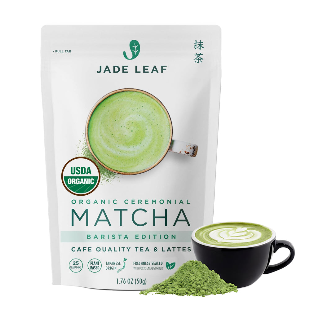 Jade Leaf Matcha Barista Blend pouch front showcases premium organic ceremonial-grade tea for cafe-style drinks