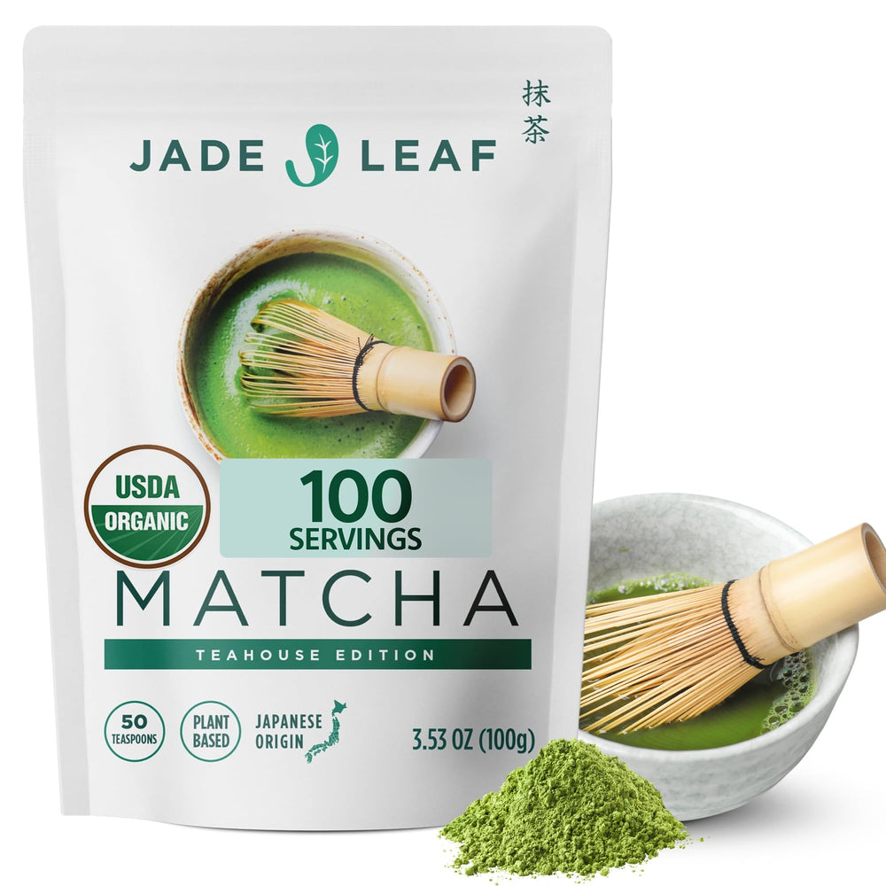 Jade Leaf Matcha ceremonial powder in vivid green, ideal for authentic rituals.