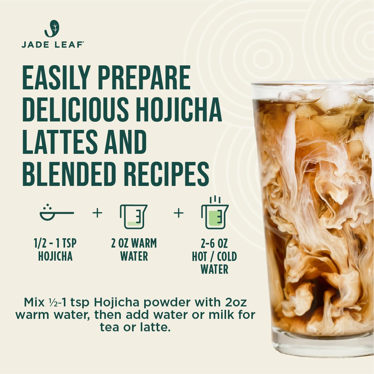 Jade Leaf Matcha Hojicha powder releases warm aroma with steam for afternoon tea.
