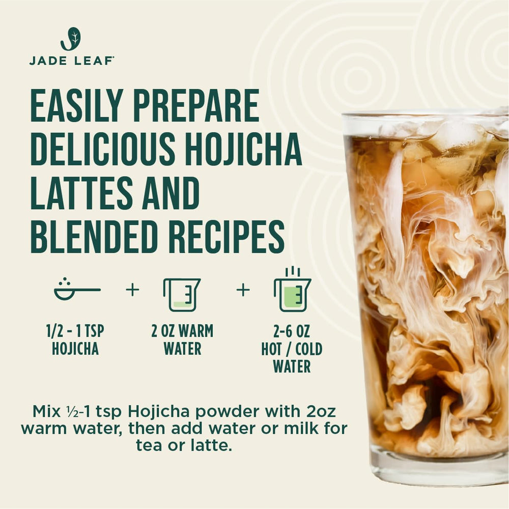 Jade Leaf Matcha Hojicha powder releases warm aroma with steam for afternoon tea.