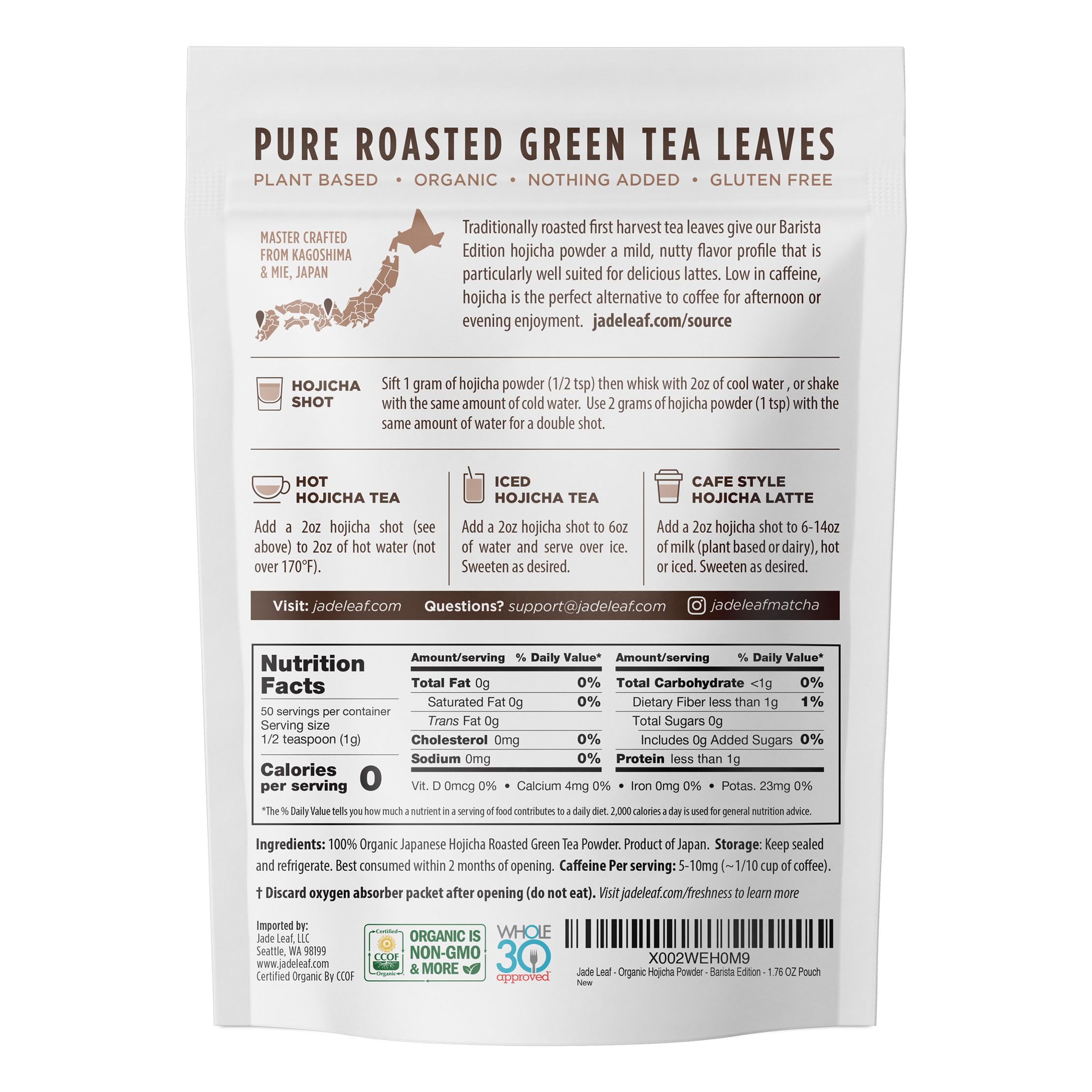 Jade Leaf Matcha Hojicha powder latte foam showcases cafe-quality drinks at home.