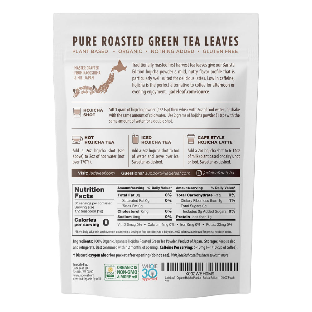 Jade Leaf Matcha Hojicha powder latte foam showcases cafe-quality drinks at home.