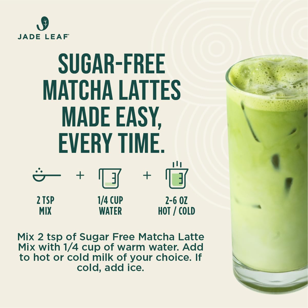 Glass mug with Jade Leaf Latte Mix ready to blend with warm, creamy milk.