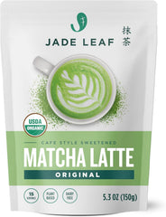 Jade Leaf Matcha Latte Mix packaging with organic badge signaling premium, dairy-friendly café-style drinks.