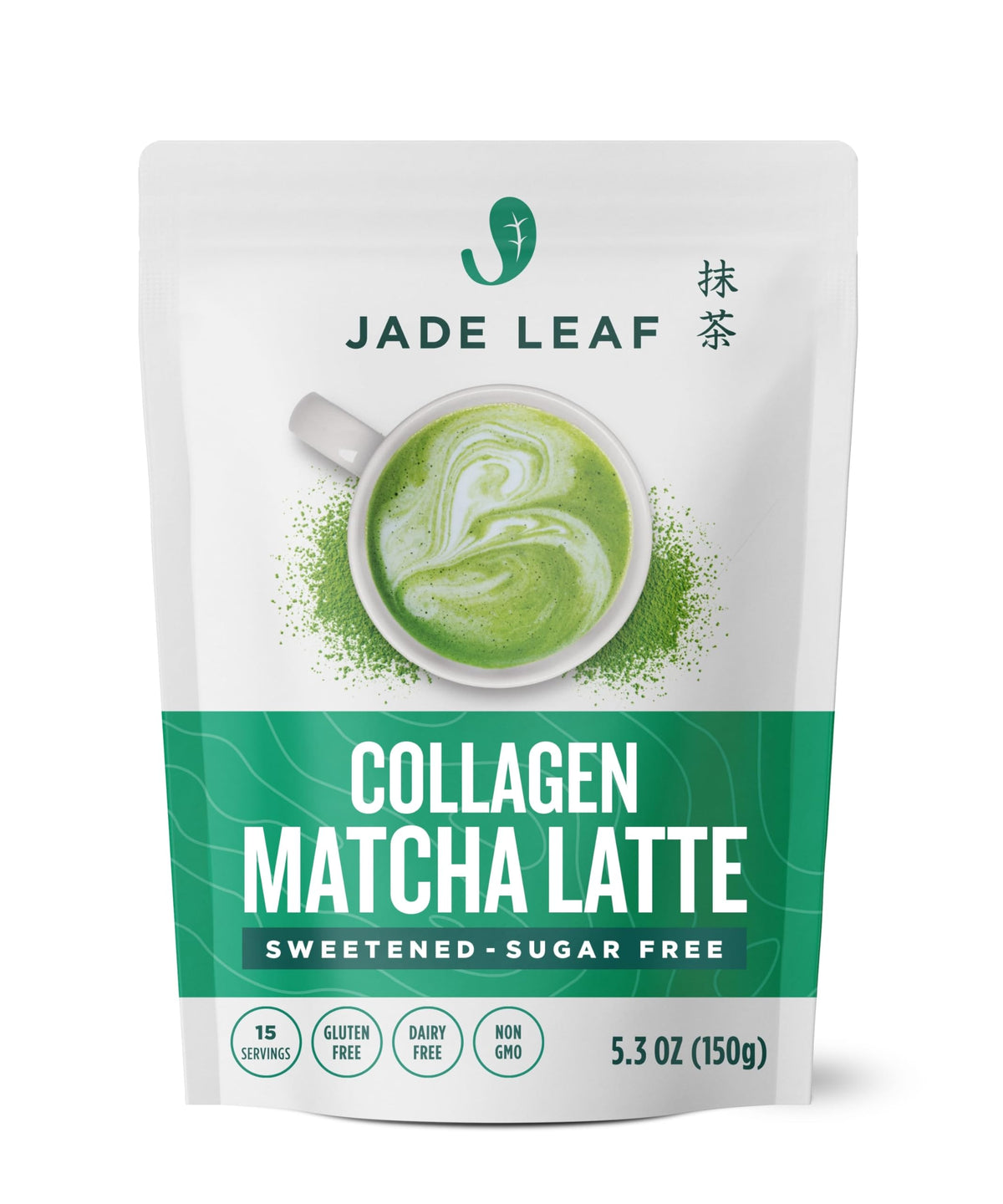 Jade Leaf Matcha Latte Powder bottle showing organic matcha and collagen for lattes