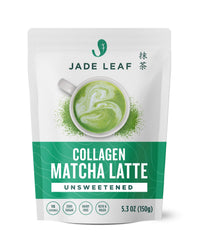 Jade Leaf Matcha Latte Powder bottle showing cafe-style latte for home use.