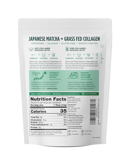 Jade Leaf Matcha Latte Powder ingredients label featuring organic Japanese matcha and collagen