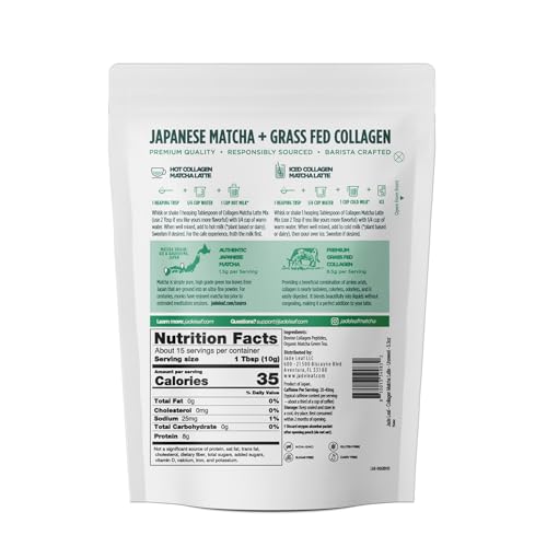 Jade Leaf Matcha Latte Powder tub highlighting organic matcha and collagen content.