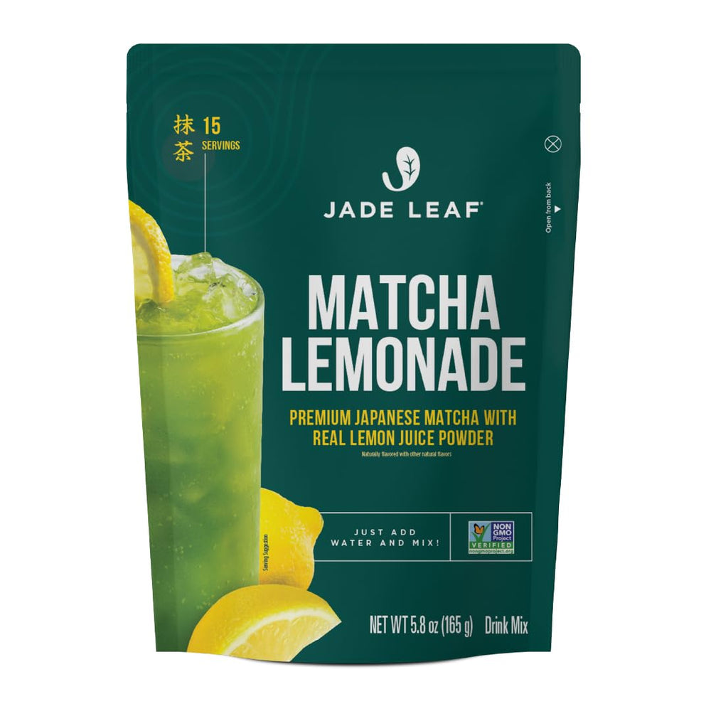 Jade Leaf Matcha Lemonade packaging highlights premium ceremonial-grade powder and organic sugar.