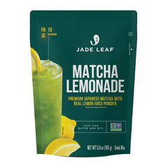 Jade Leaf Matcha Lemonade packaging highlights premium ceremonial-grade powder and organic sugar.