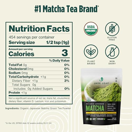 Jade Leaf Matcha organic powder with scoop for precise measuring.