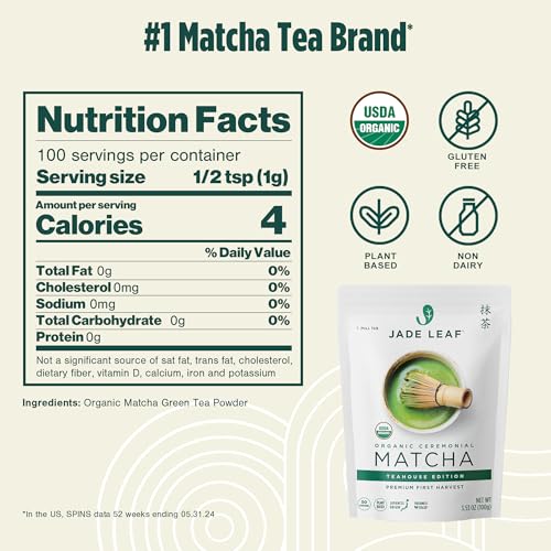 Jade Leaf Matcha packaging highlights organic certification and freshness.