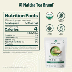 Jade Leaf Matcha packaging highlights organic certification and freshness.