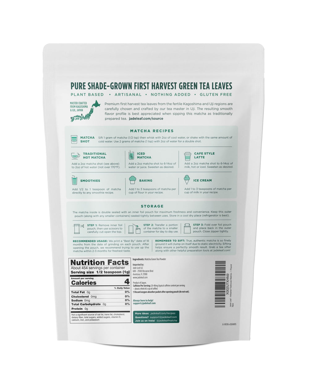 Jade Leaf Matcha stone-ground ceremonial-grade powder preserves vibrant color and rich flavor.