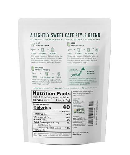 Jade Leaf Matcha Strawberry Latte label highlights organic ingredients and flavor