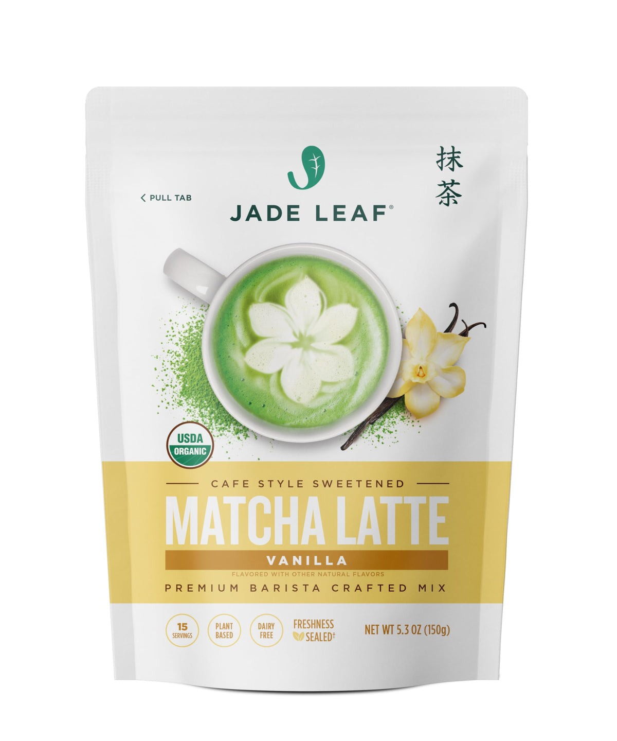 Jade Leaf Matcha Vanilla Latte blend packaging for easy at-home café drinks