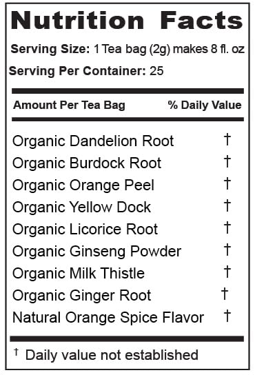 Jade Tea dandelion root and burdock root ingredients highlight herbal cleansing notes.