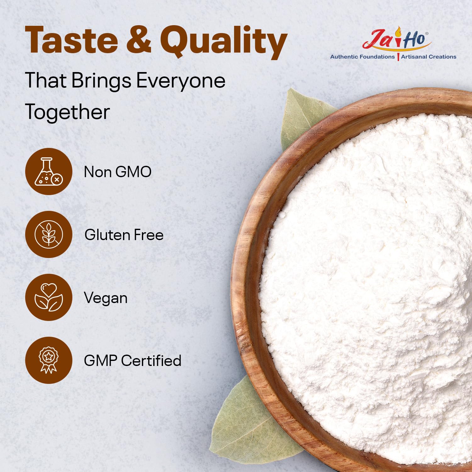 Certified organic Jai Ho Arrowroot Powder highlights non-GMO quality.