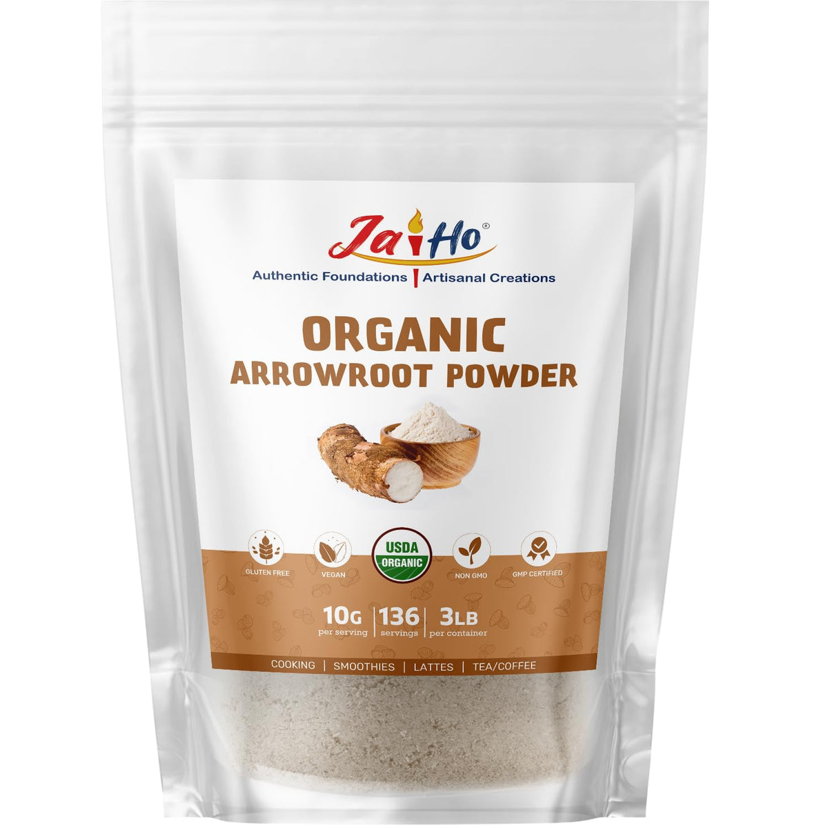 Jai Ho Arrowroot Powder bulk 3lb pouch ready for gluten-free cooking.