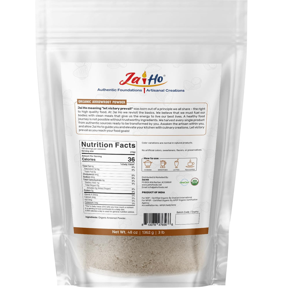 Jai Ho Arrowroot Powder packaging with resealable zip pouch preserves freshness.