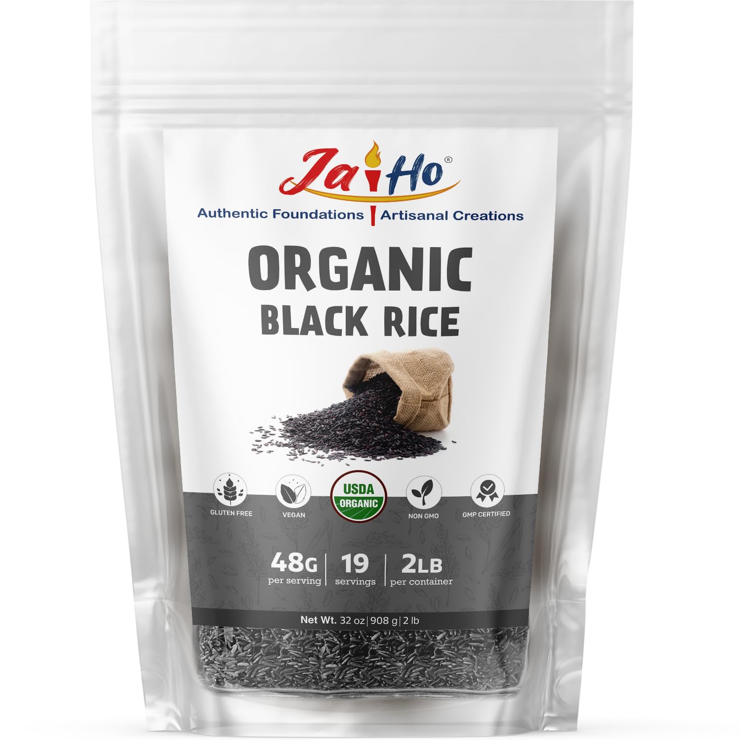 Jai Ho black rice bag closeup highlighting organic, additive-free whole grain.