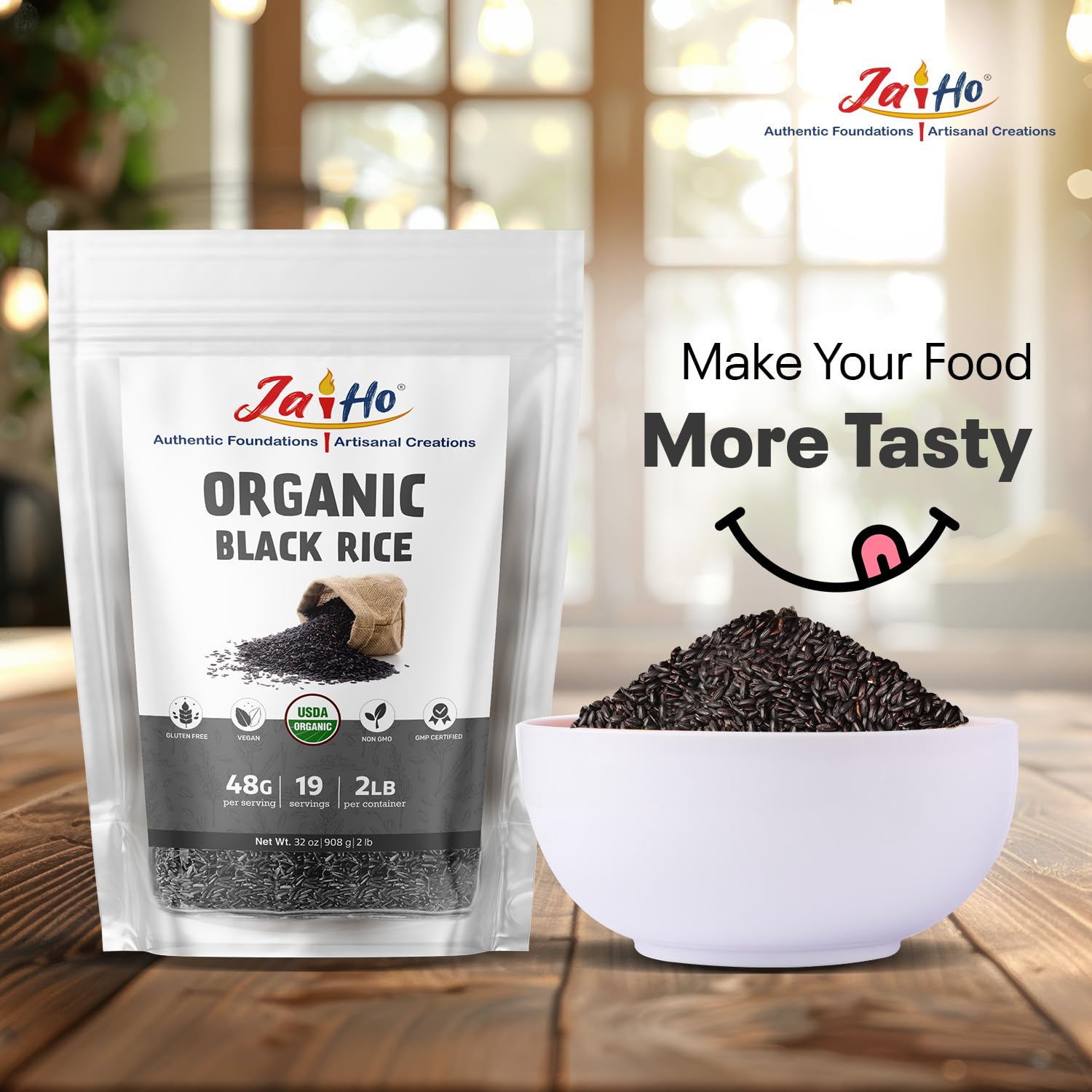 Jai Ho black rice plate demonstrates vibrant color and wholesome texture.