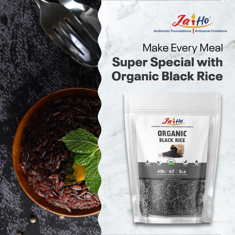 Jai Ho black rice stir-fry served with colorful vegetables.
