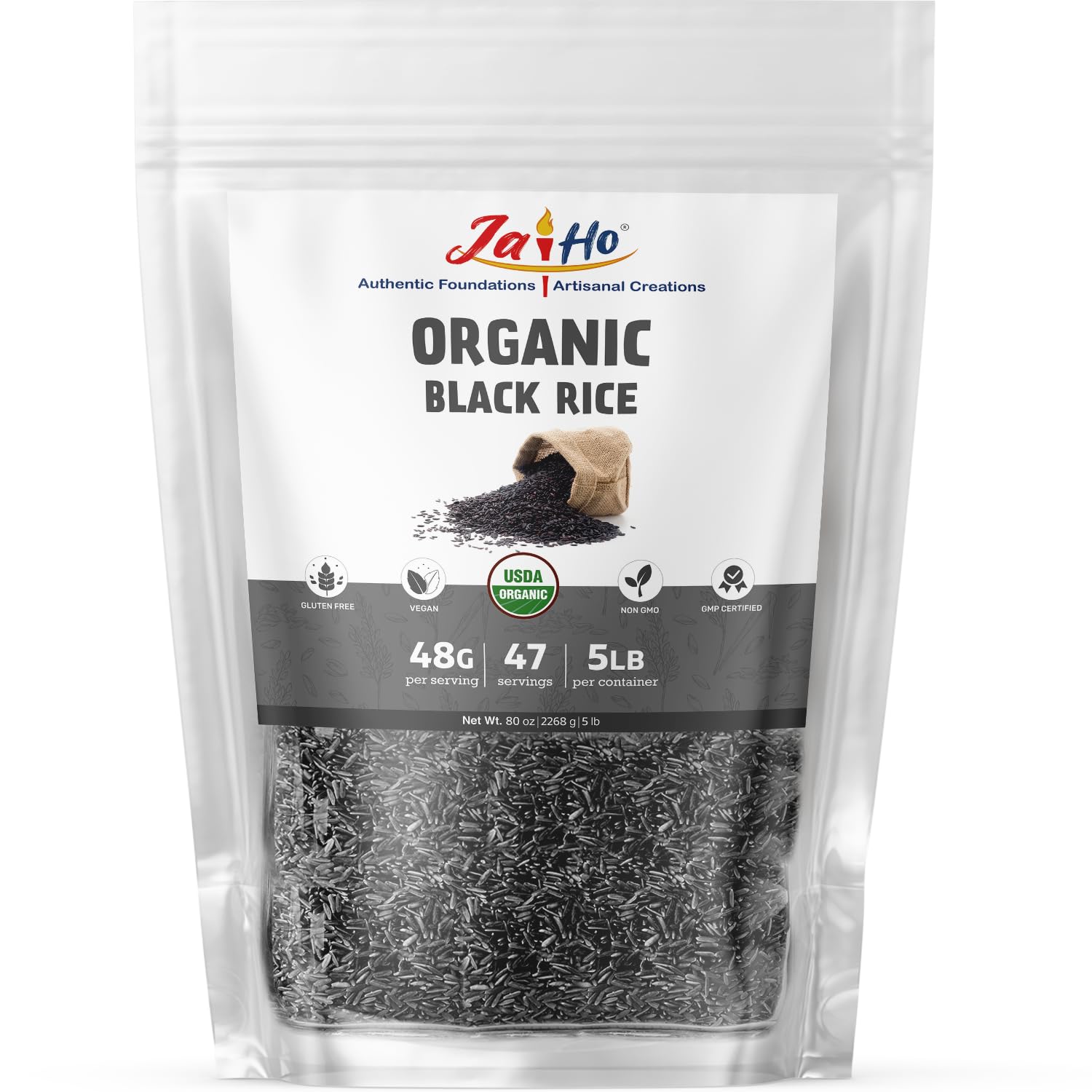 Jai Ho Black Rice packaging front with organic certification for purity.