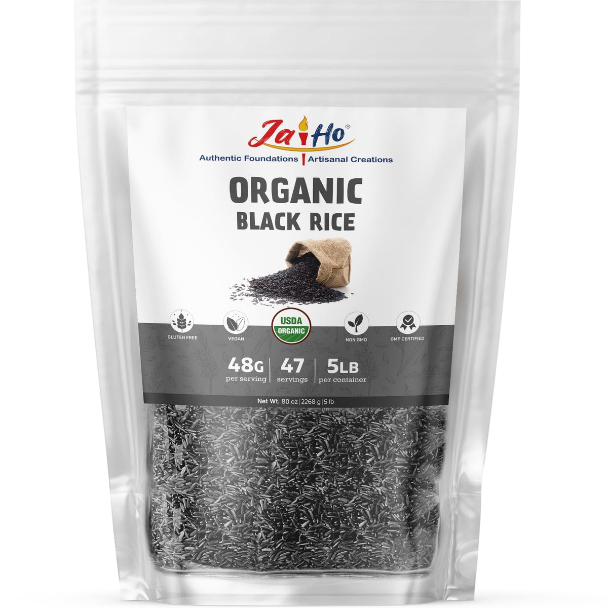 Jai Ho Black Rice packaging front with organic certification for purity.
