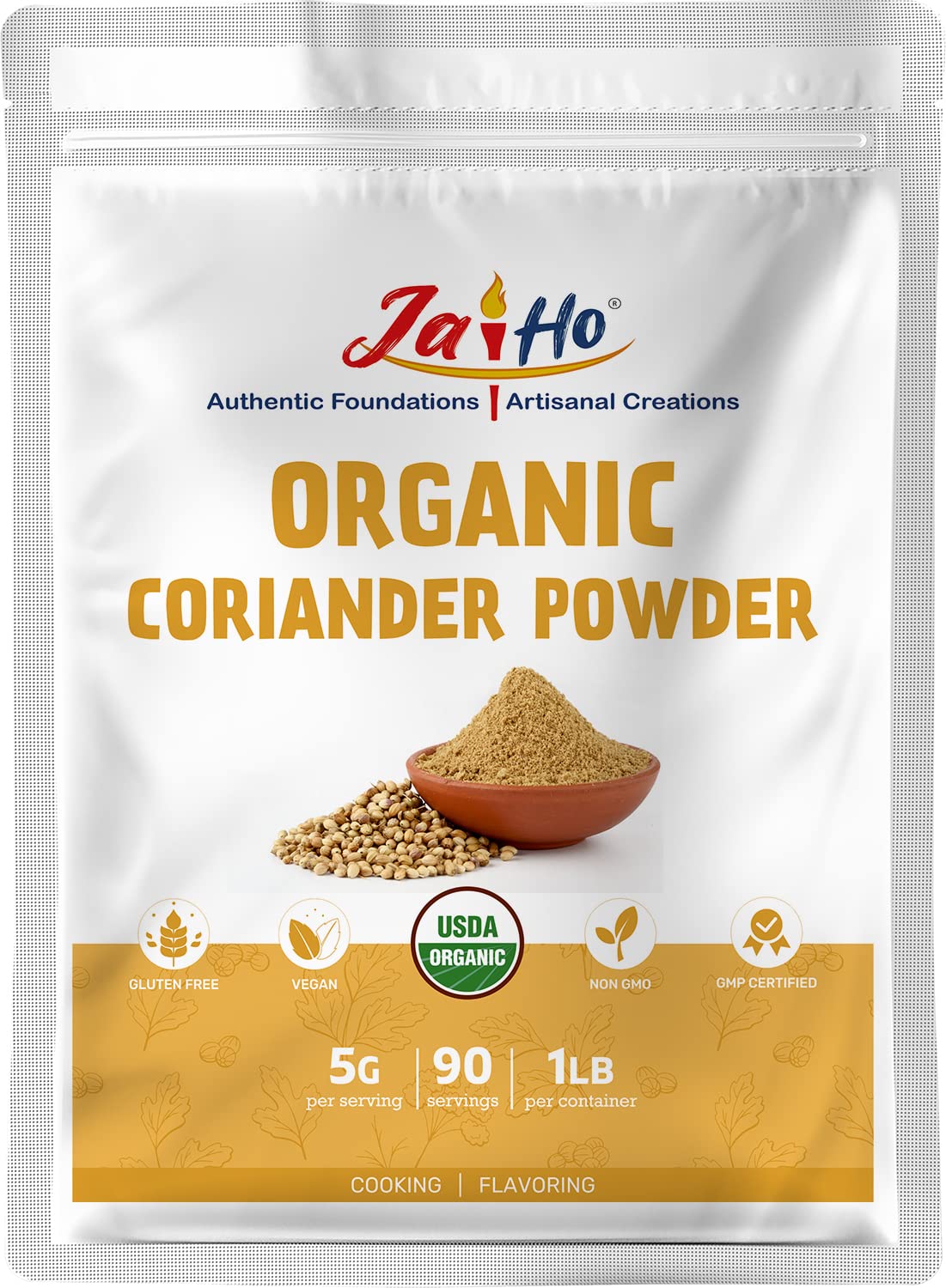 Jai Ho coriander powder bottle with label, highlighting organic, pure flavor.