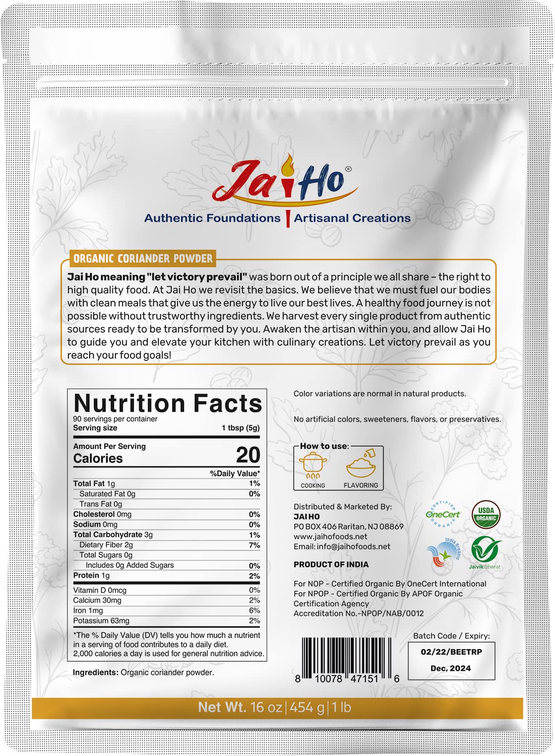 Closeup of resealable pouch showing fresh coriander aroma and texture.
