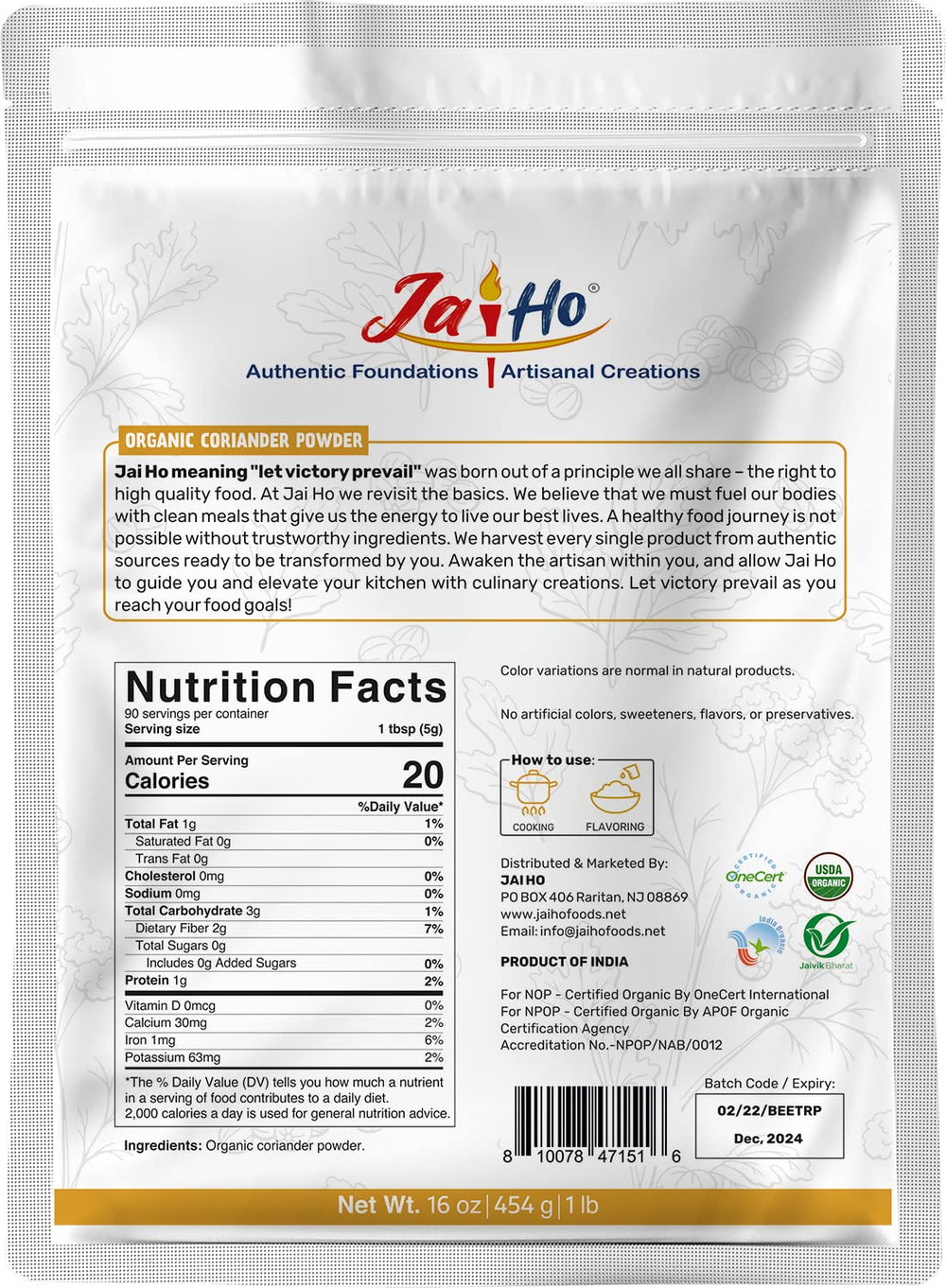 Closeup of resealable pouch showing fresh coriander aroma and texture.
