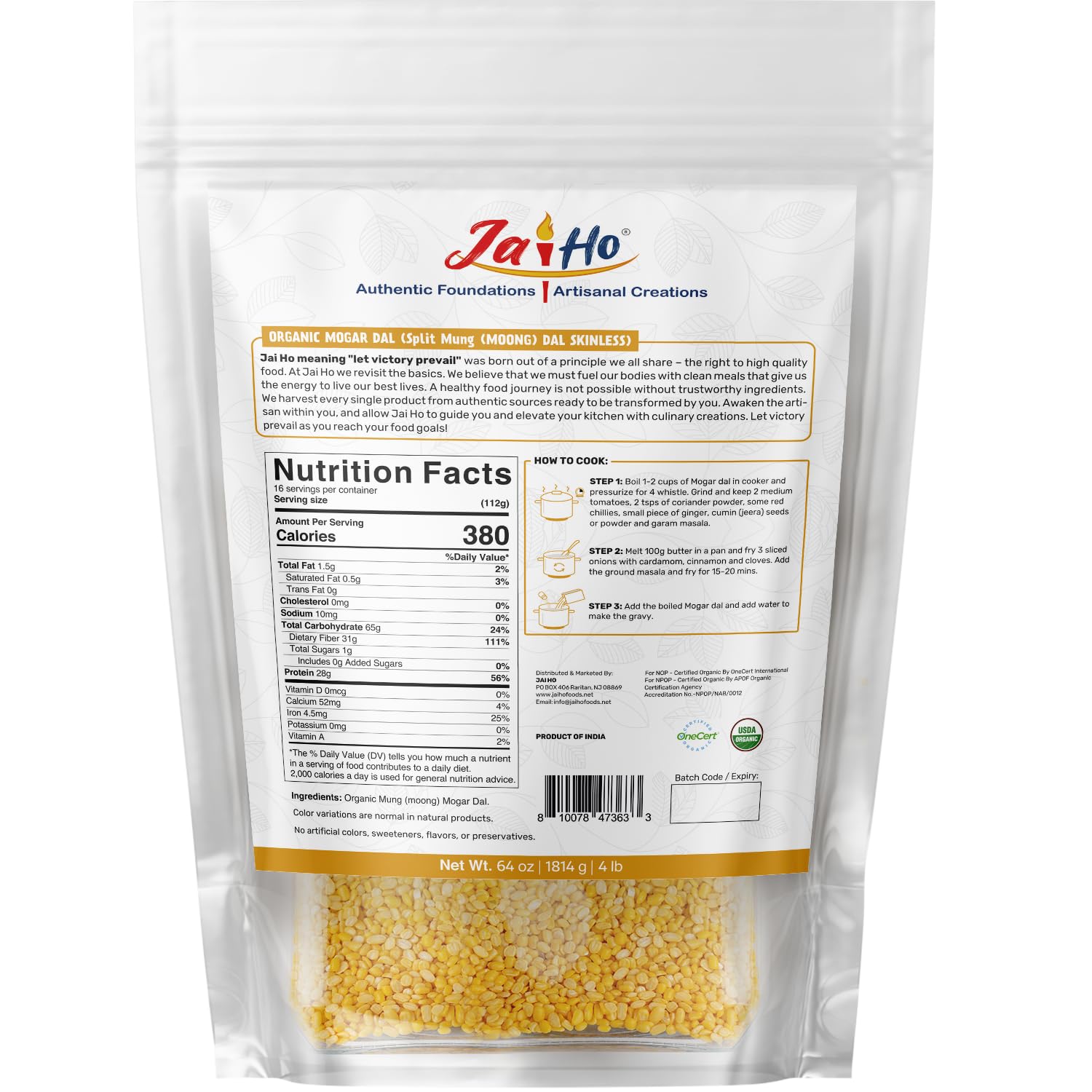Jai Ho Kosher-certified Mogar Dal packaging for dietary standards.