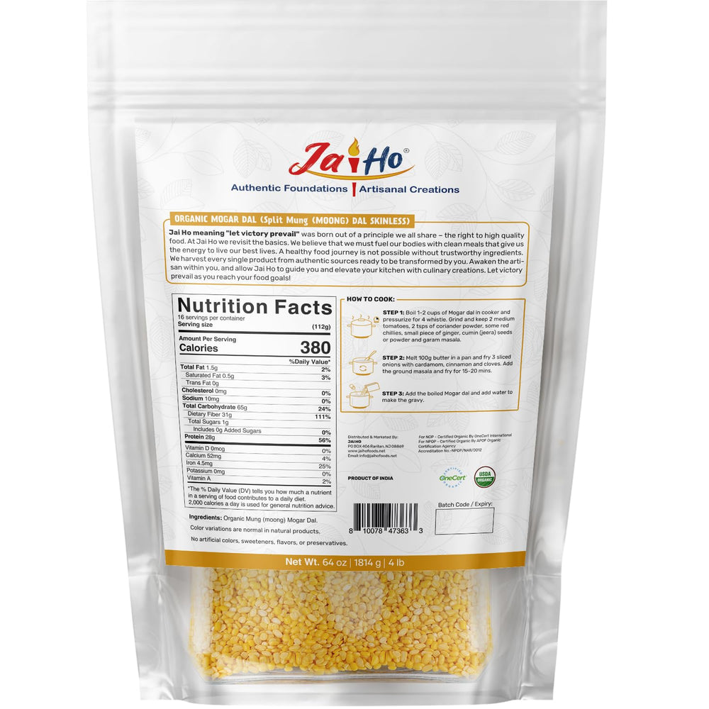 Jai Ho Kosher-certified Mogar Dal packaging for dietary standards.