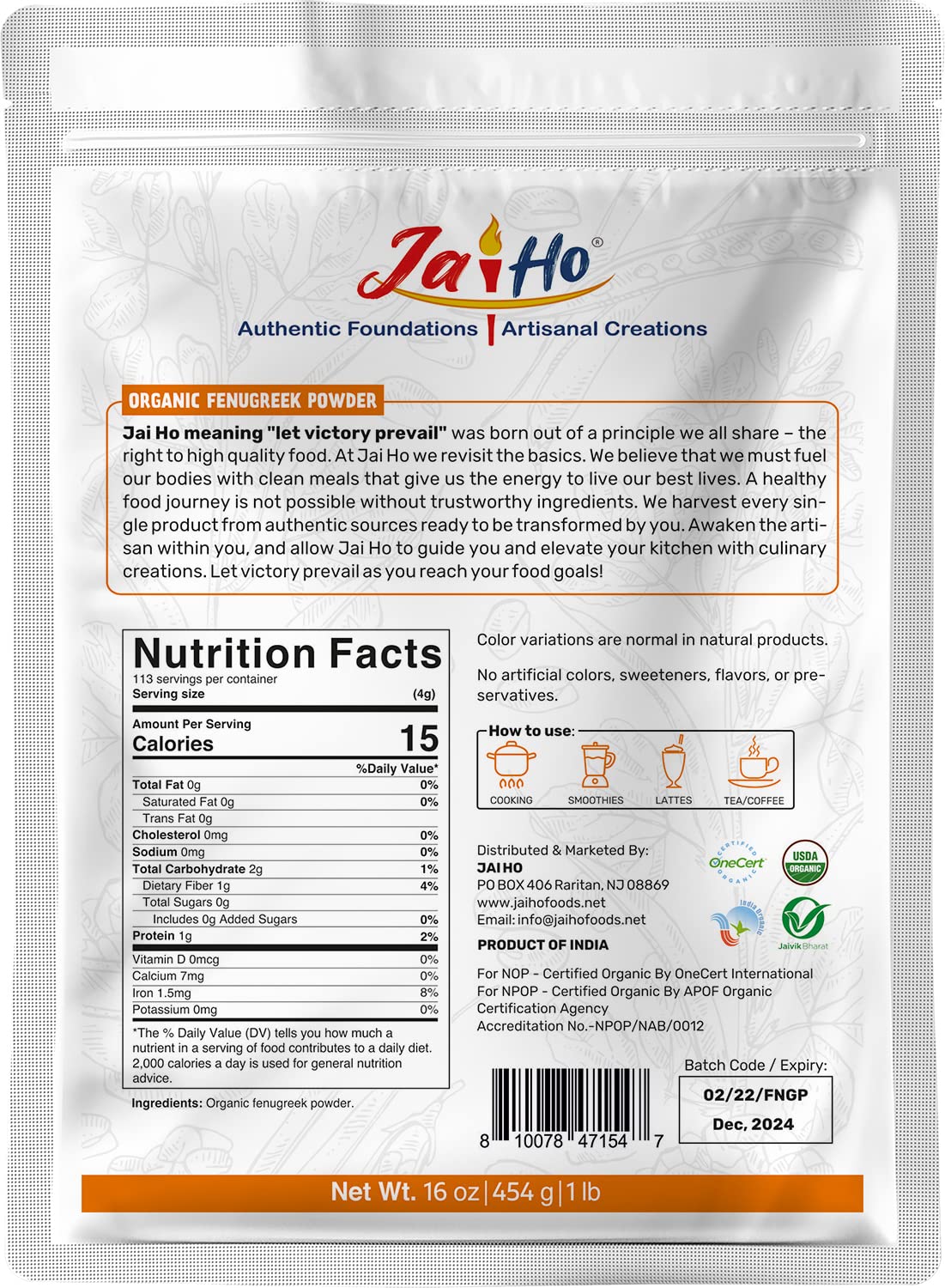 Jai Ho fenugreek powder curry-dish demonstrates versatile flavor use.