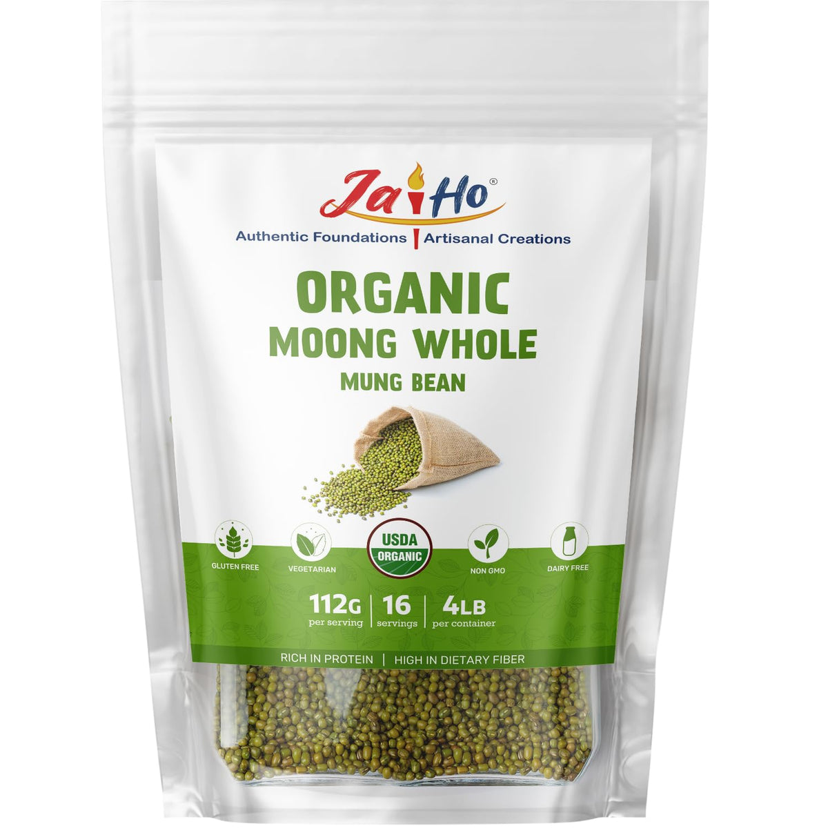 Jai Ho organic moong beans packaging with organic certification label