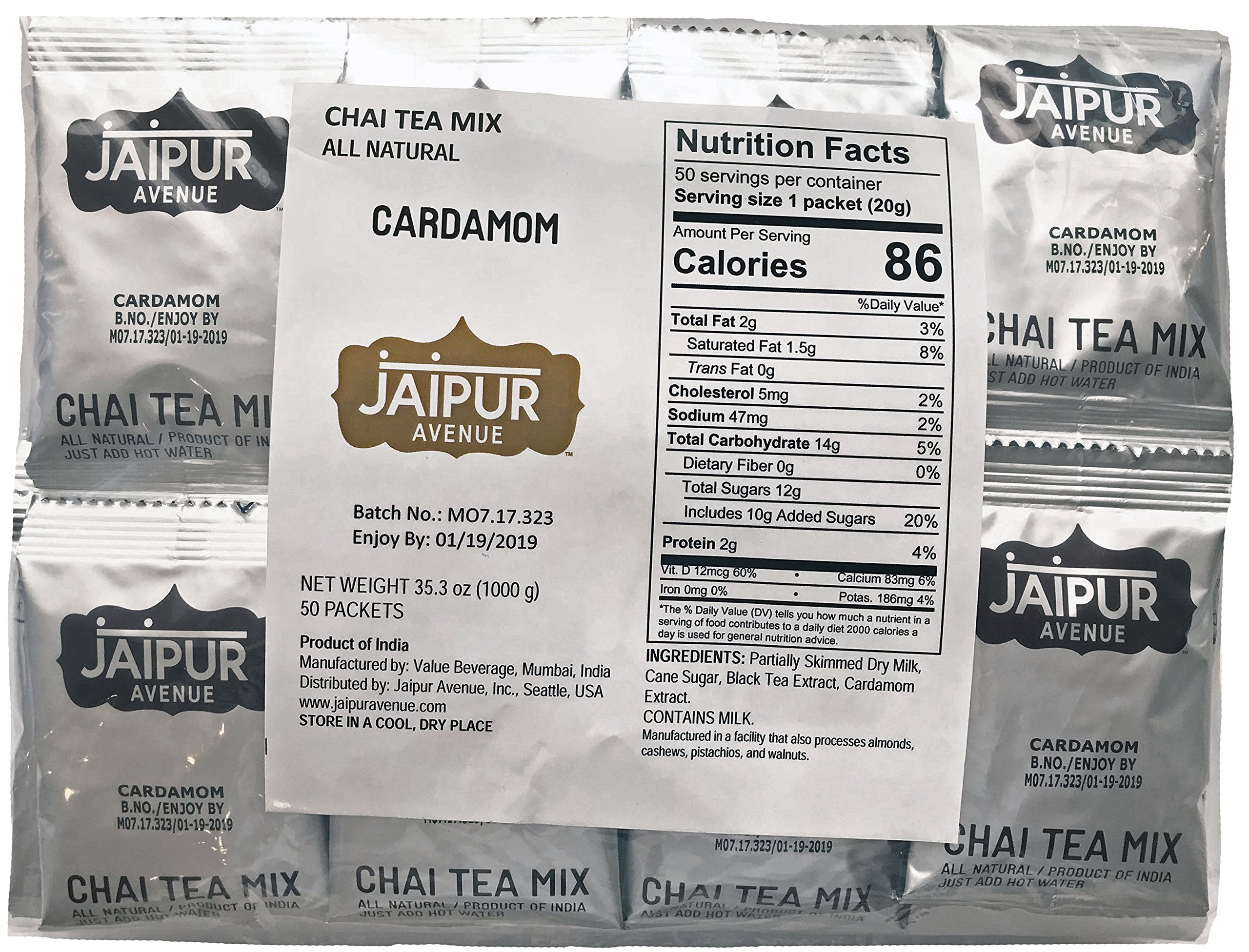 Jaipur Avenue Cardamom Chai Tea Mix packaging highlights gluten-free and preservative-free ingredients.