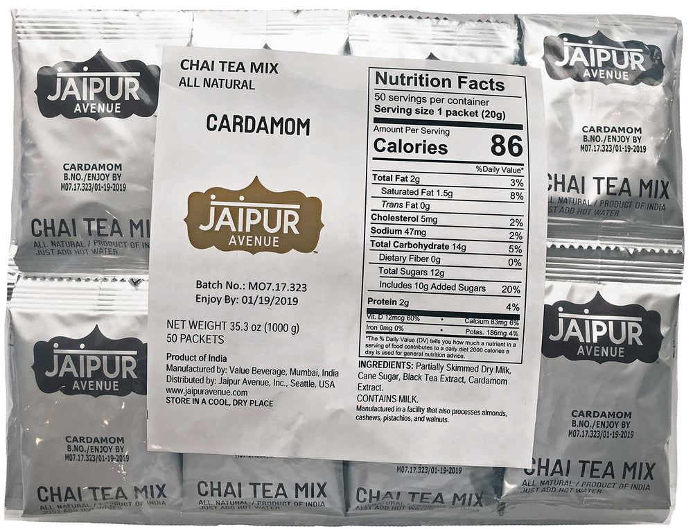 Jaipur Avenue Cardamom Chai Tea Mix packaging highlights gluten-free and preservative-free ingredients.