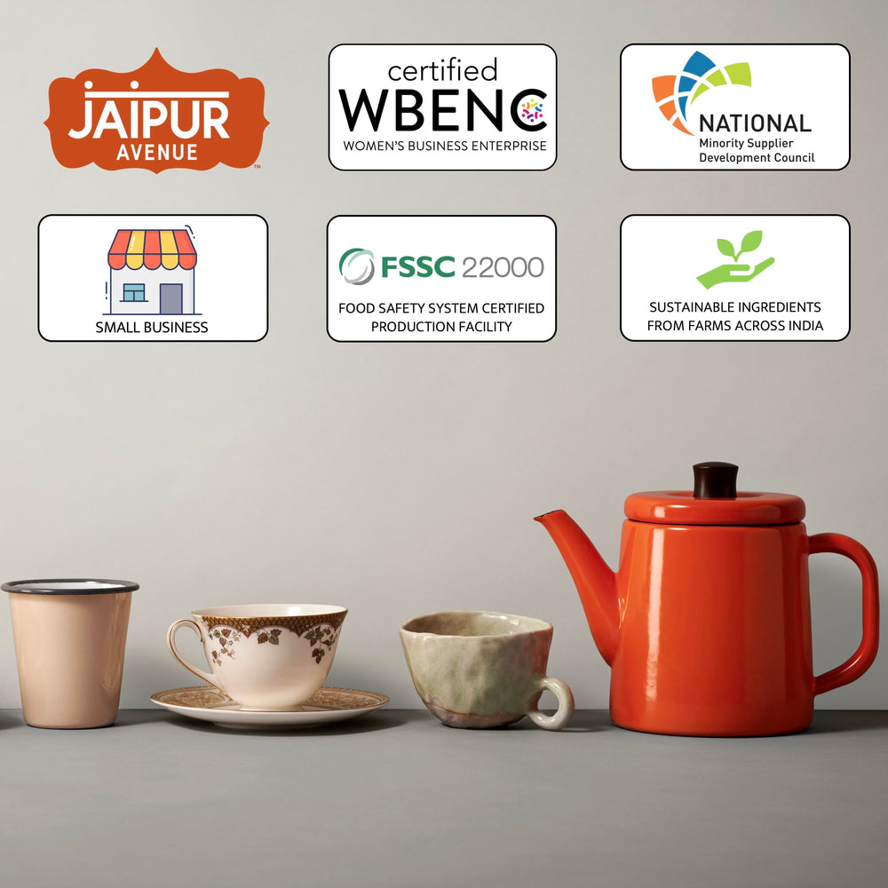 Jaipur Avenue Variety Chai Tea Mix latte setup suggests easy homemade chai.