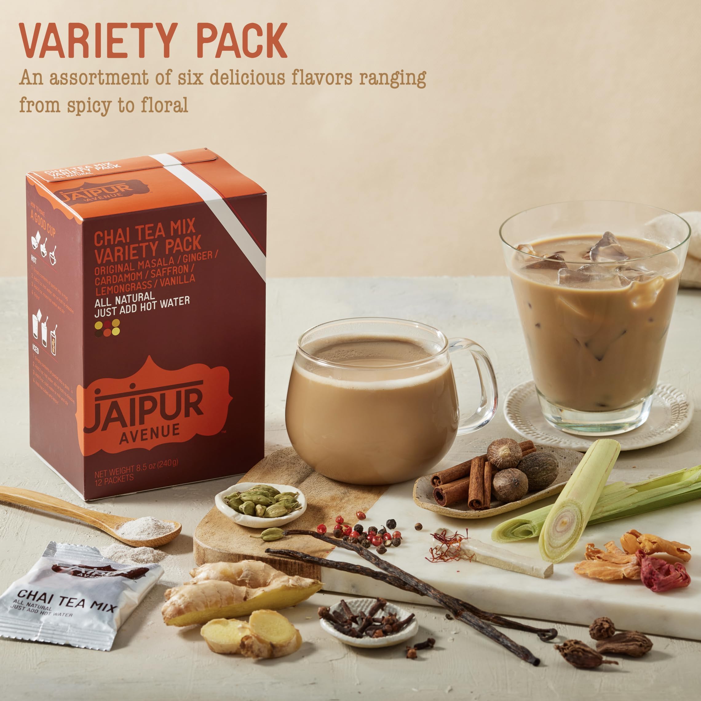 Jaipur Avenue Variety Chai Tea Mix ingredients layout emphasizes cardamom and Assam tea.