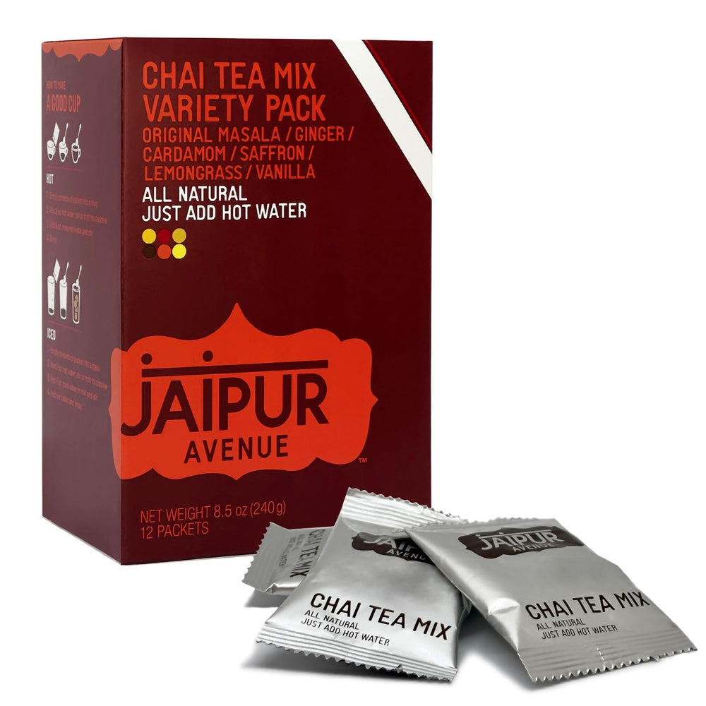 Jaipur Avenue Variety Chai Tea Mix packaging highlights gluten-free, preservative-free blend.