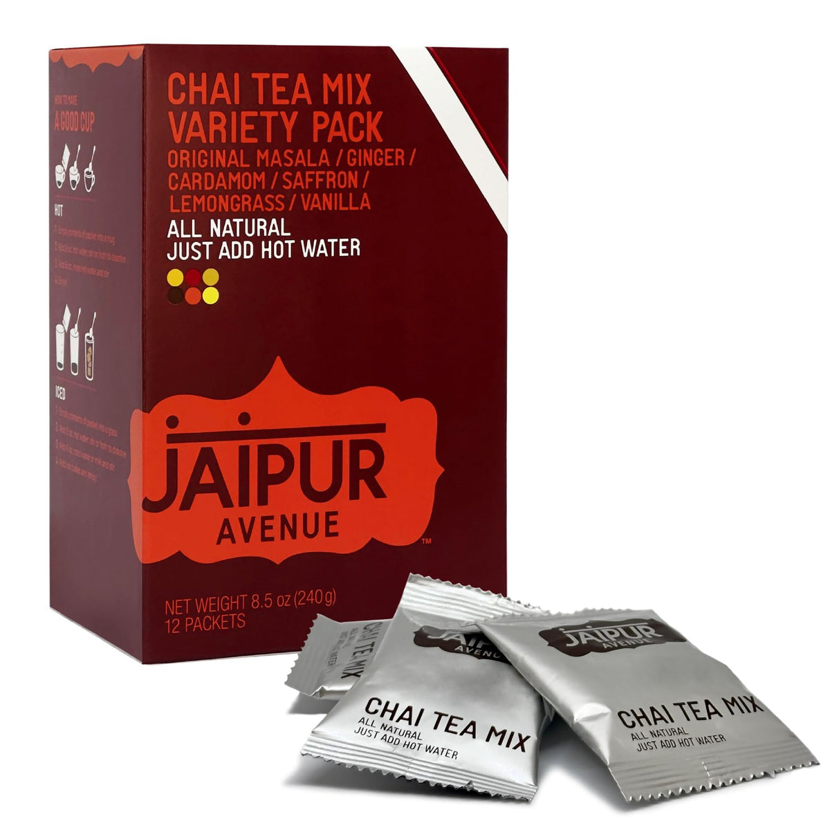 Jaipur Avenue Variety Chai Tea Mix packaging highlights gluten-free, preservative-free blend.