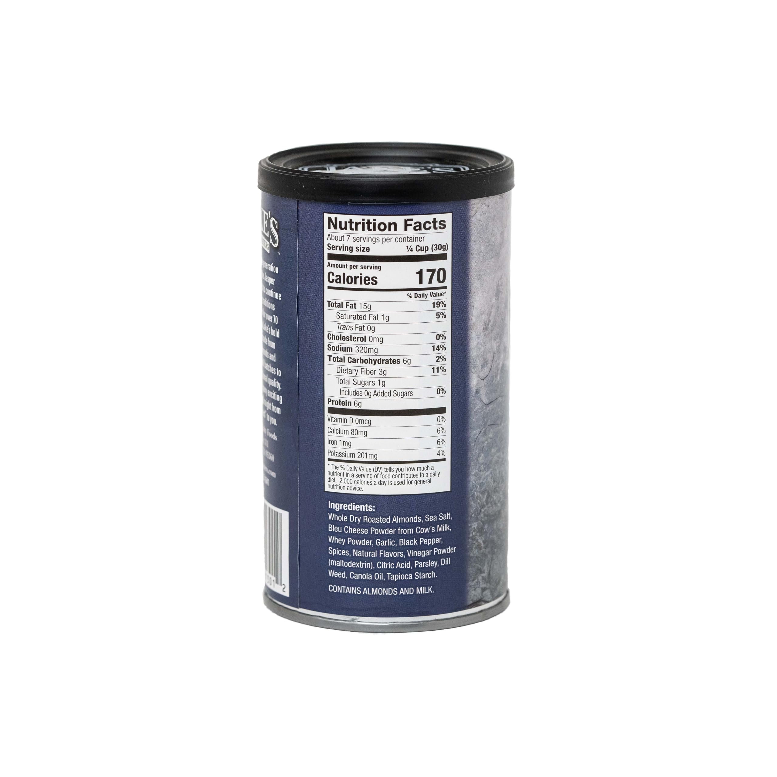 Jake's Nut Roasters almonds in a bowl, bold bleu cheese and cracked pepper flavor ready to enjoy.