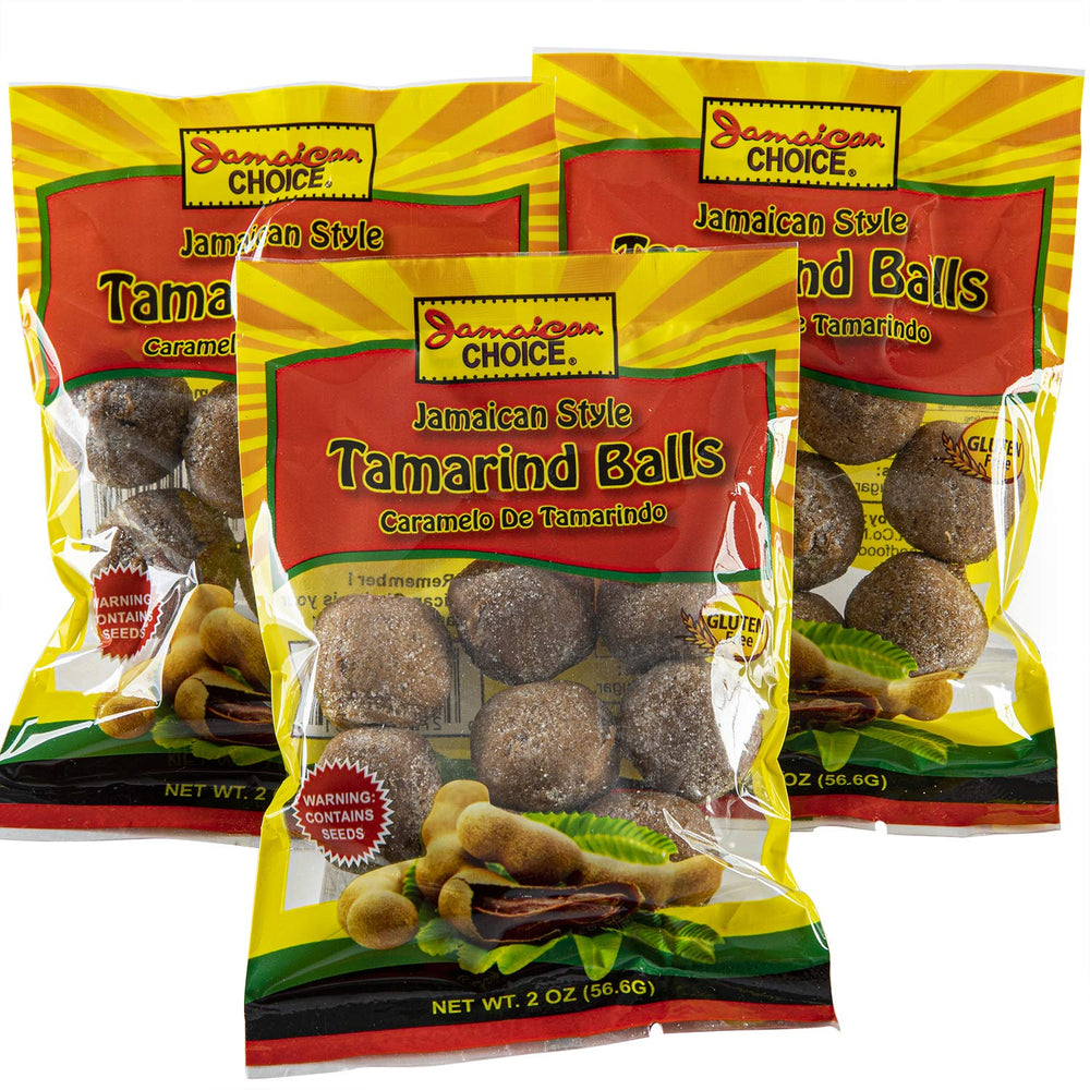 Jamaican Choice tamarind balls trio pack on display, a convenient Caribbean snack for sharing.