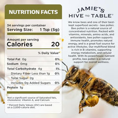 Jamie’s Hive to Table bee pollen granules close-up showing natural texture.