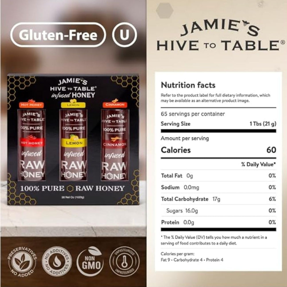 Jamie's Hive to Table cinnamon-infused honey bottle pairs with yogurt and granola