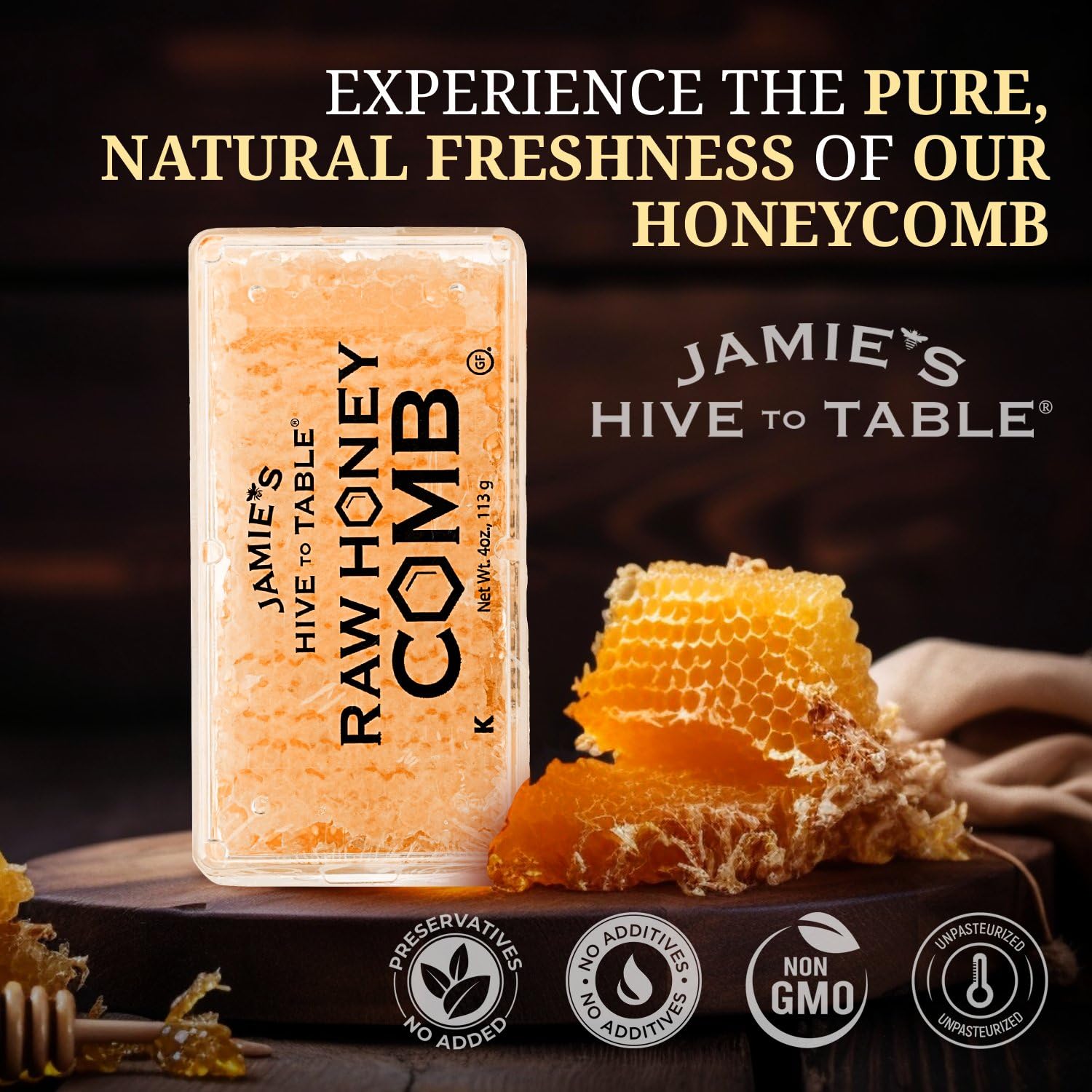 Jamie’s Hive To Table honeycomb close-up of edible wax and honey.