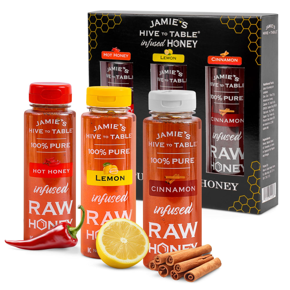 Jamie's Hive to Table lemon-infused honey bottle offers bright citrus sweetness for tea