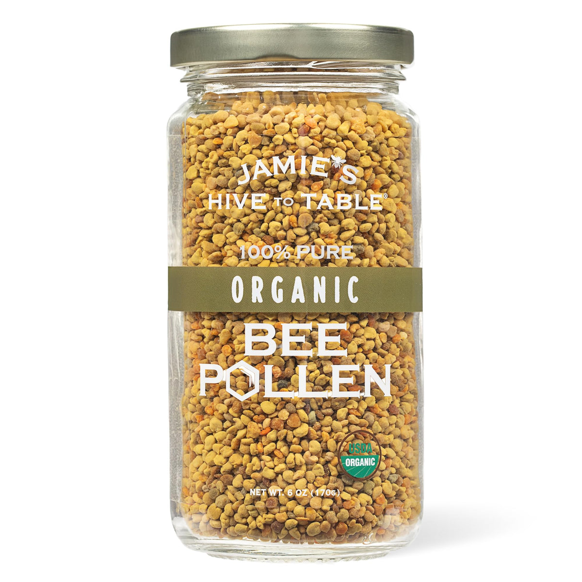 Jamie’s Hive to Table organic bee pollen 6oz bottle highlighting purity and natural nourishment.